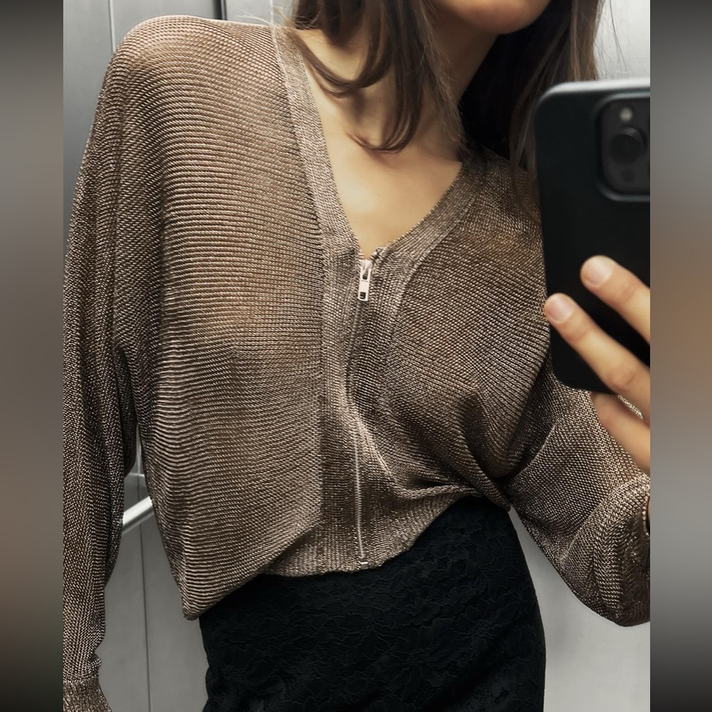 NWOT Zara gold mesh knit bomber jacket